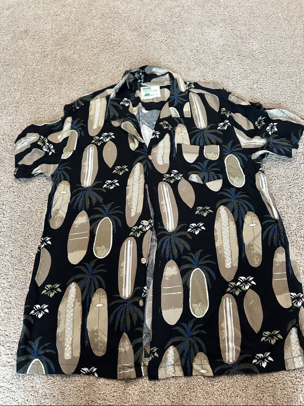 Casual Black Surfboard & Palm Short-Sleeve Button-Down Shirt purchased in Hawaii